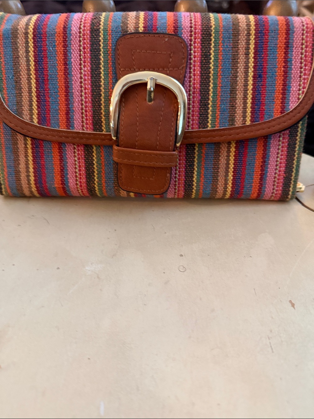 Circus by Sam Edelman Multicolor Striped Canvas Clutch with Brown Leather Trim
